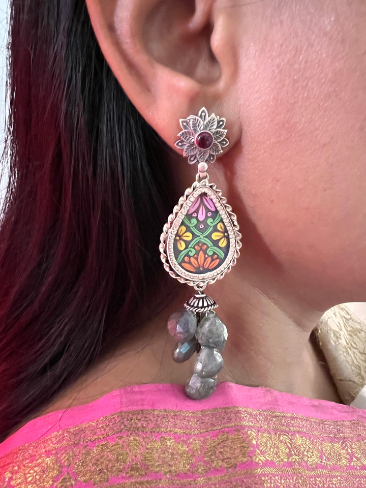 Statement Labradorite Cluster Pure 925 Silver Earrings - SHIVKA