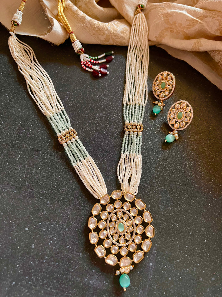Beautiful Sea Green Kundan Pendant Necklace with Stud Earrings