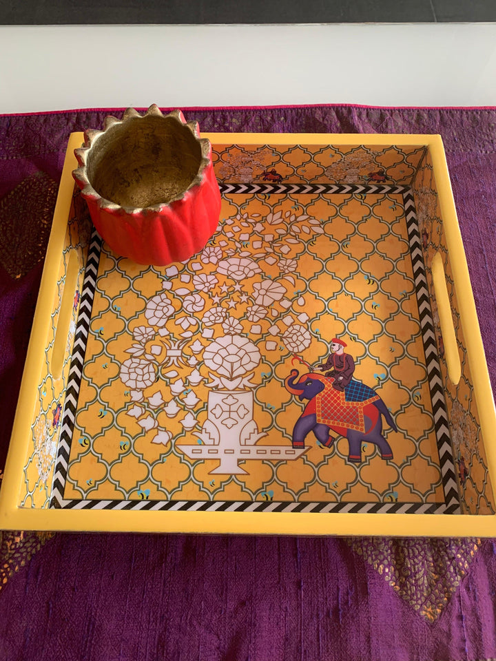 Yellow Elephant Design Enamelled Tray - SHIVKA