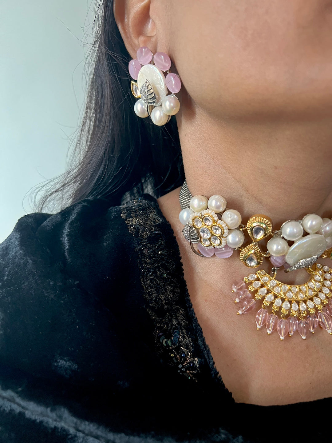 Designer Pearl and Quartz Choker with Studs