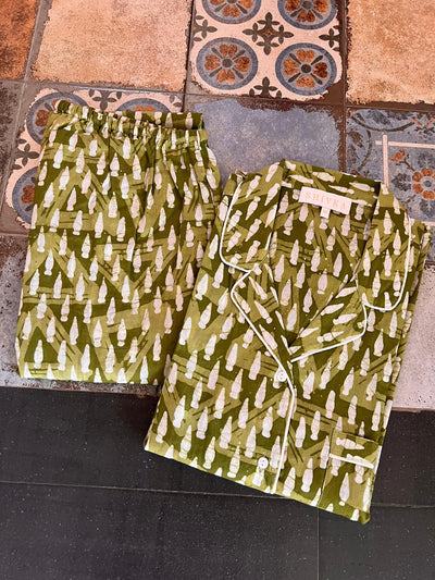 Olive Green Print Cotton Night Suit - SHIVKA