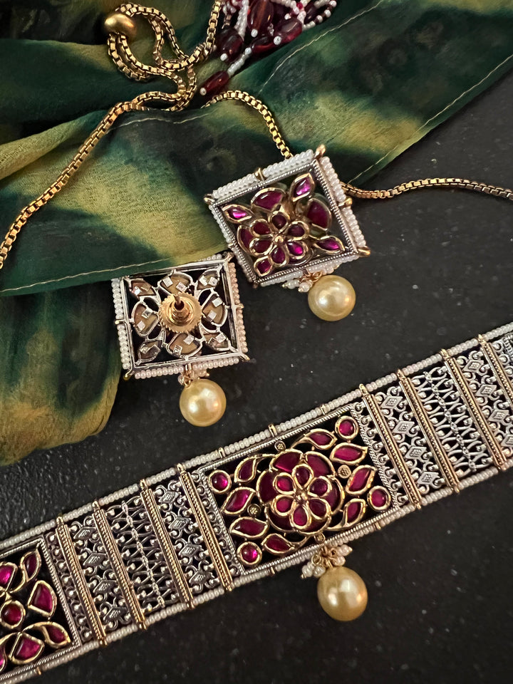 Fusion Silver Kundan Choker with Earrings