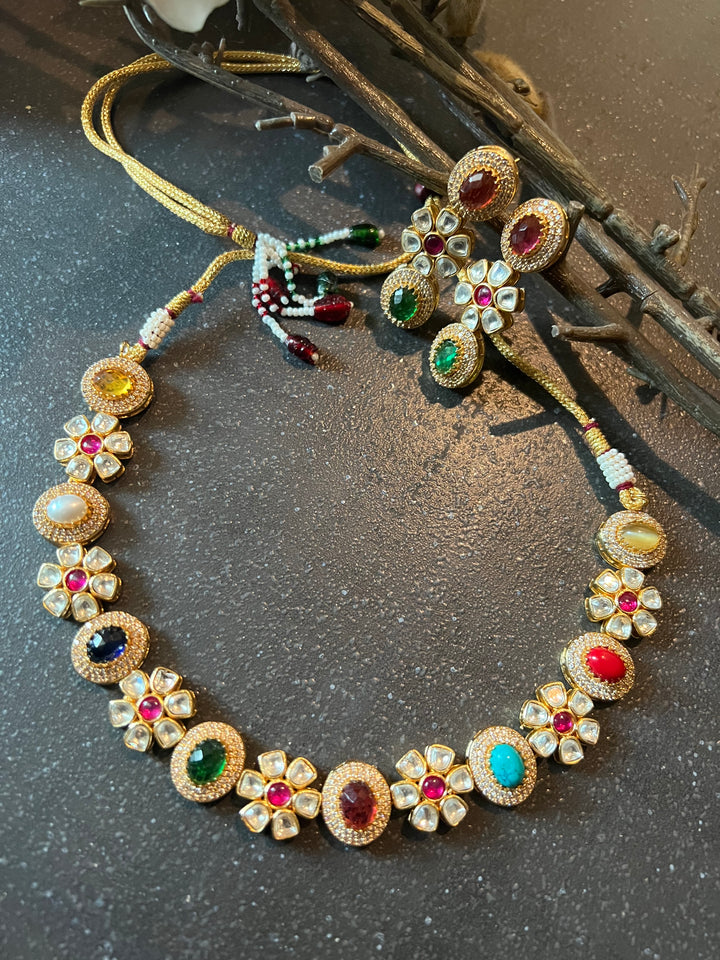 Beautiful Multi coloured Kundan Necklace with Earrings