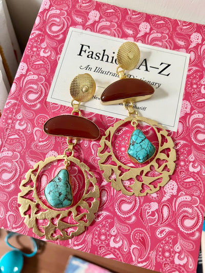 Turquoise & Onyx  Designer Earrings - SHIVKA