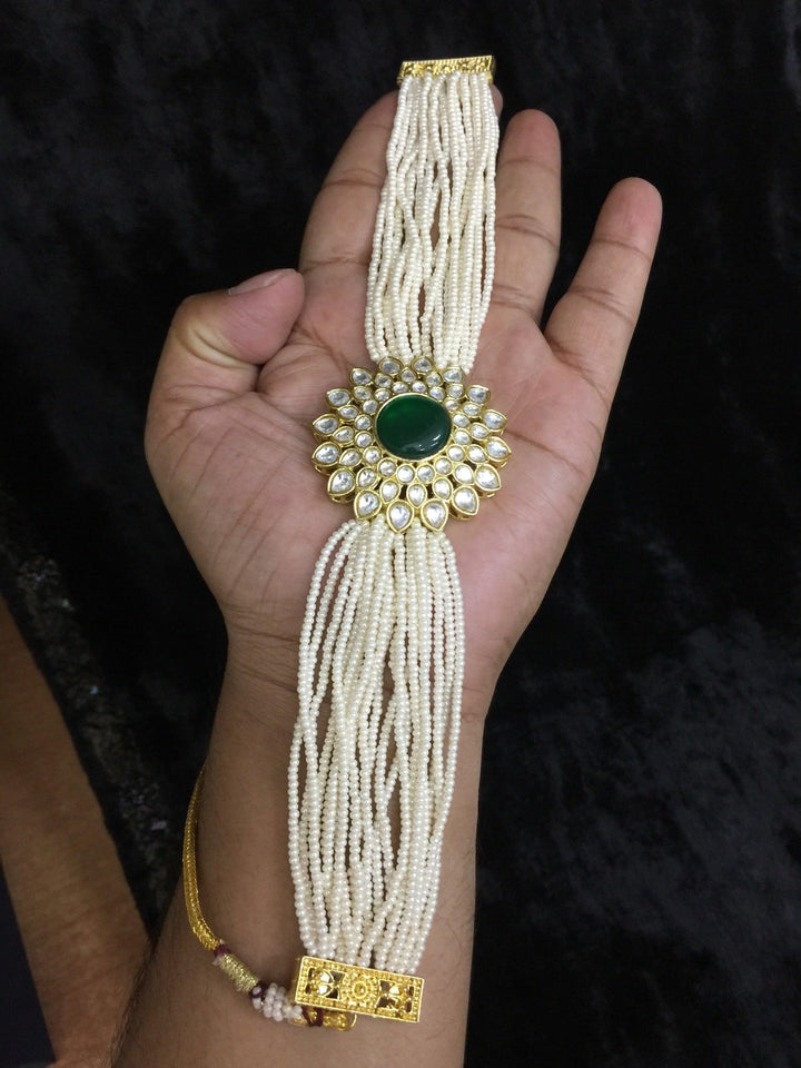Green Kundan and Pearl Choker with Earrings - SHIVKA
