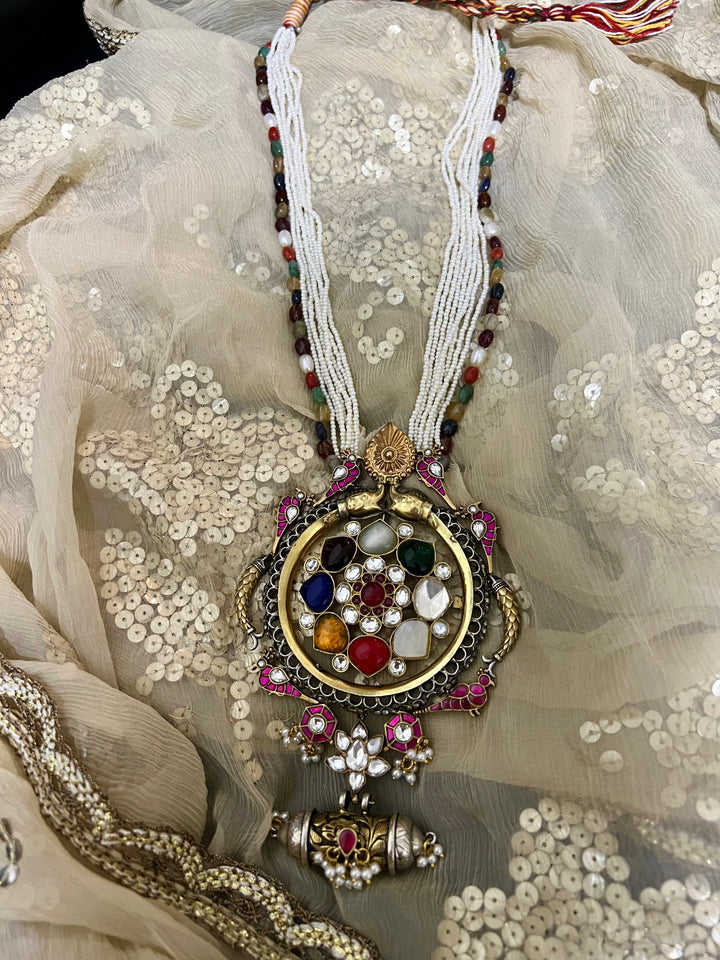 Pure Silver Real Navratna Beads Pendant Necklace