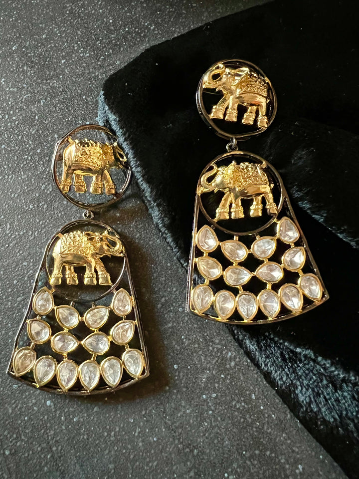 Statement Dual Tone Elephant Necklace with Earrings and Mangtikka