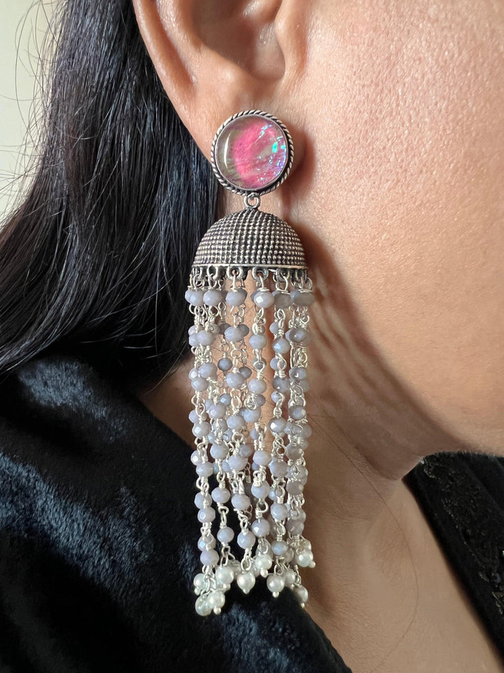 Rainbow Pink Stone Stud with Multiple Beads Tassels - SHIVKA