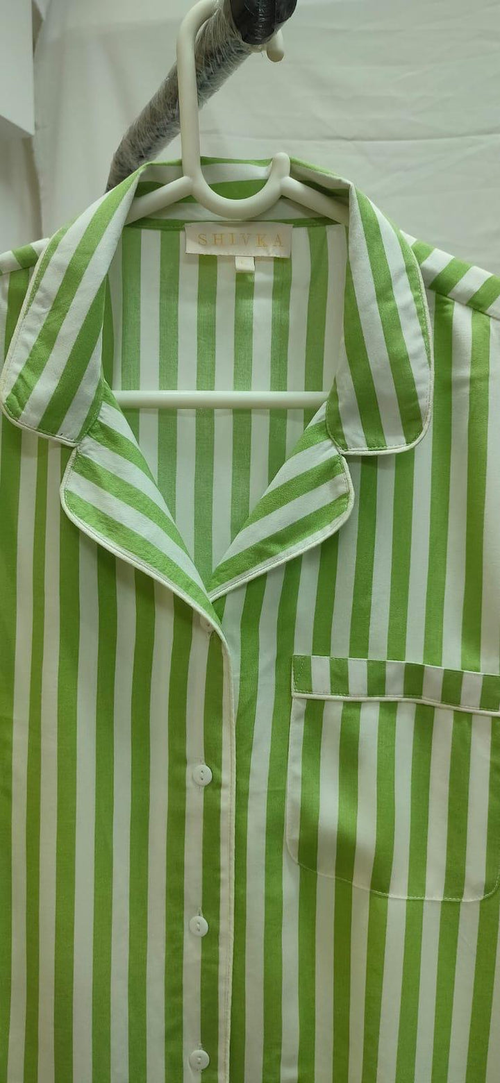 Striped Green Cotton Night Suit - Set of Two - SHIVKA