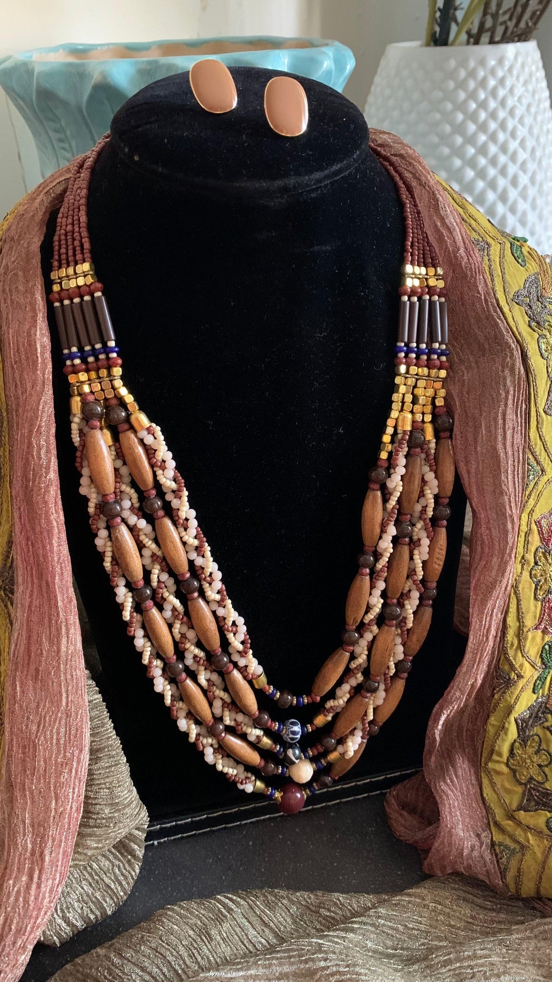 Vintage Beaded Necklace with Statement Stone Studs - SHIVKA