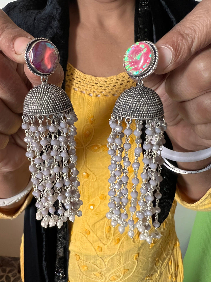 Rainbow Pink Stone Stud with Multiple Beads Tassels - SHIVKA