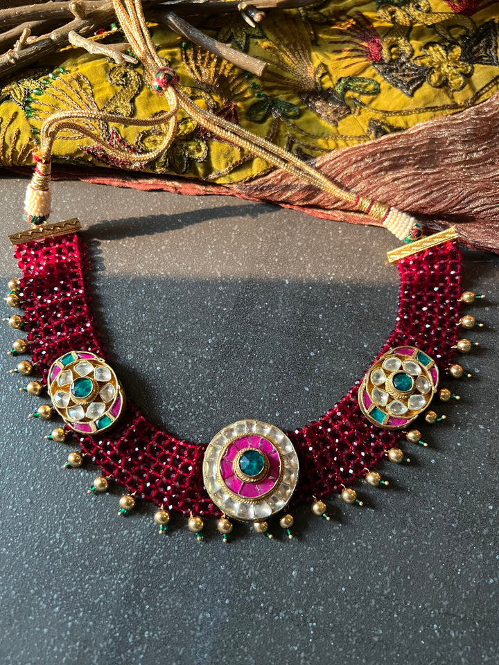 Maroon Chatai Choker with Earrings