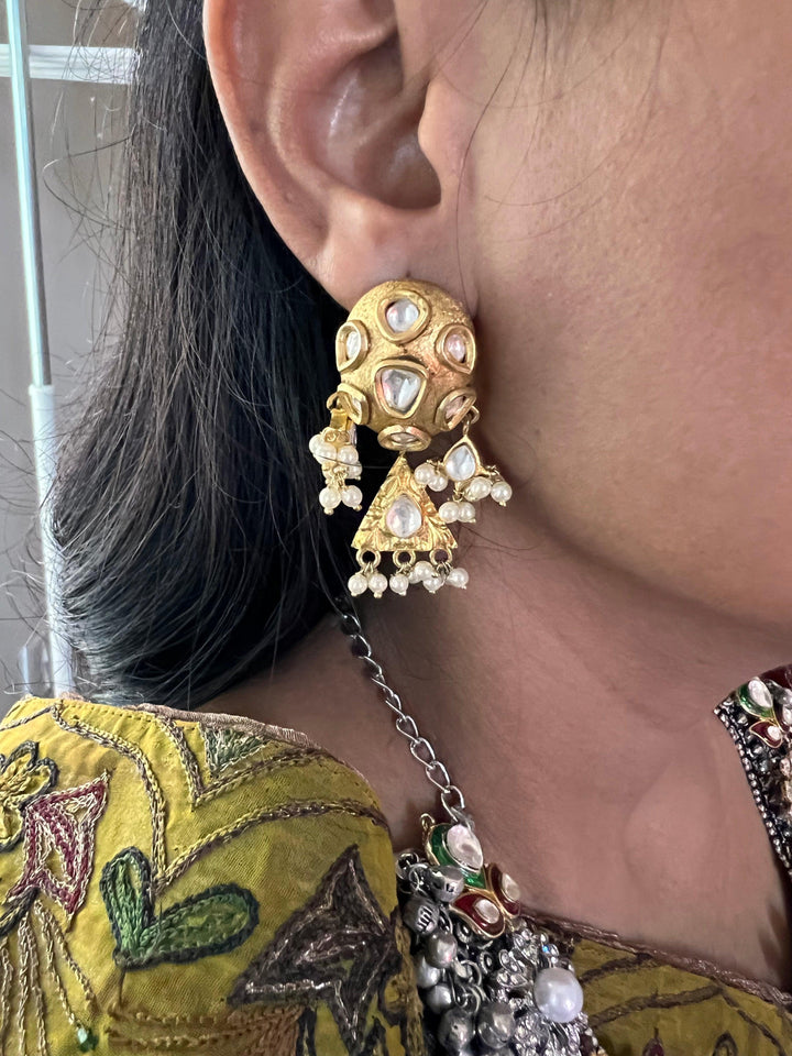 One of a Kind Designer Dual Tone Necklace with Kundan Earrings - SHIVKA