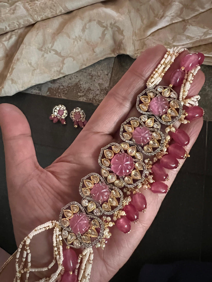 Pink Carved Stone Kundan Choker with Earrings - SHIVKA
