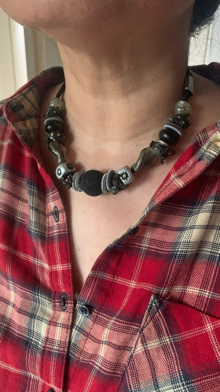 Statement Black and Silver Necklace with Antique Studs - SHIVKA