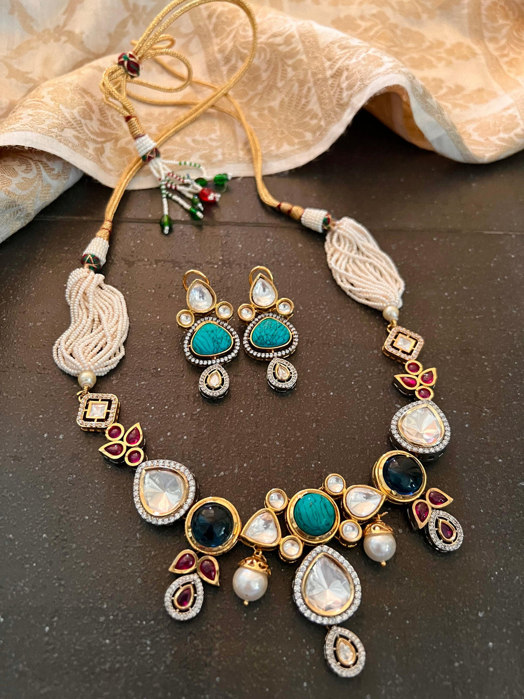 Scintillating Multicolored  Kundan Necklace with Statement Jhumka Earrings - SHIVKA