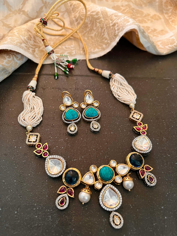 Scintillating Multicolored  Kundan Necklace with Statement Jhumka Earrings - SHIVKA