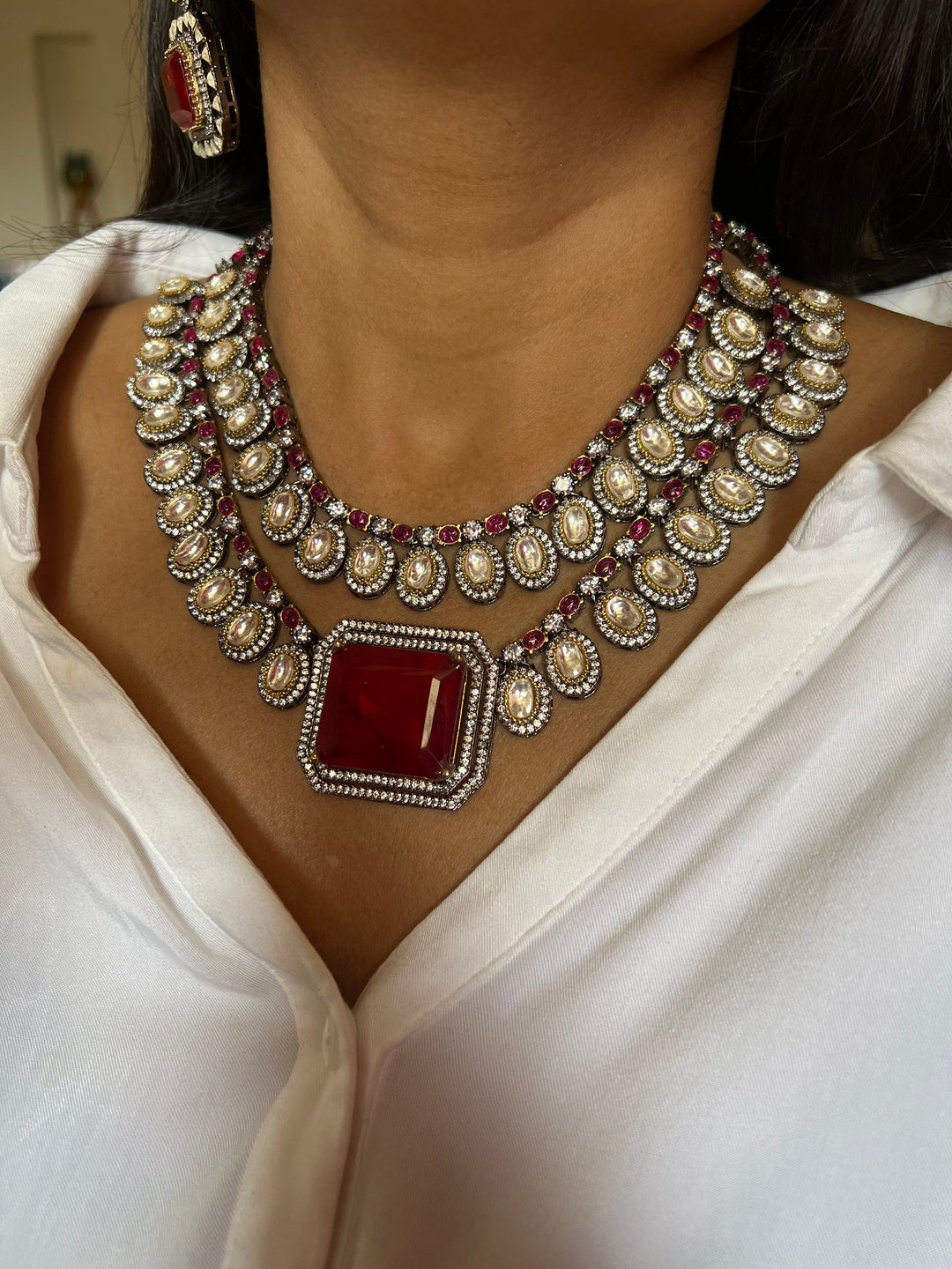 Statement CZ Polki Kundan Necklace with Earrings