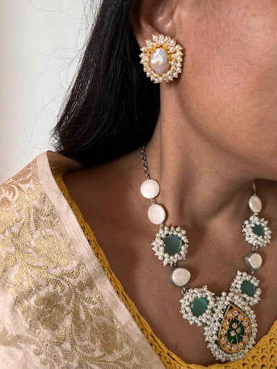 Statement Sea Green and Pearl Short Necklace with Baroque Studs - SHIVKA