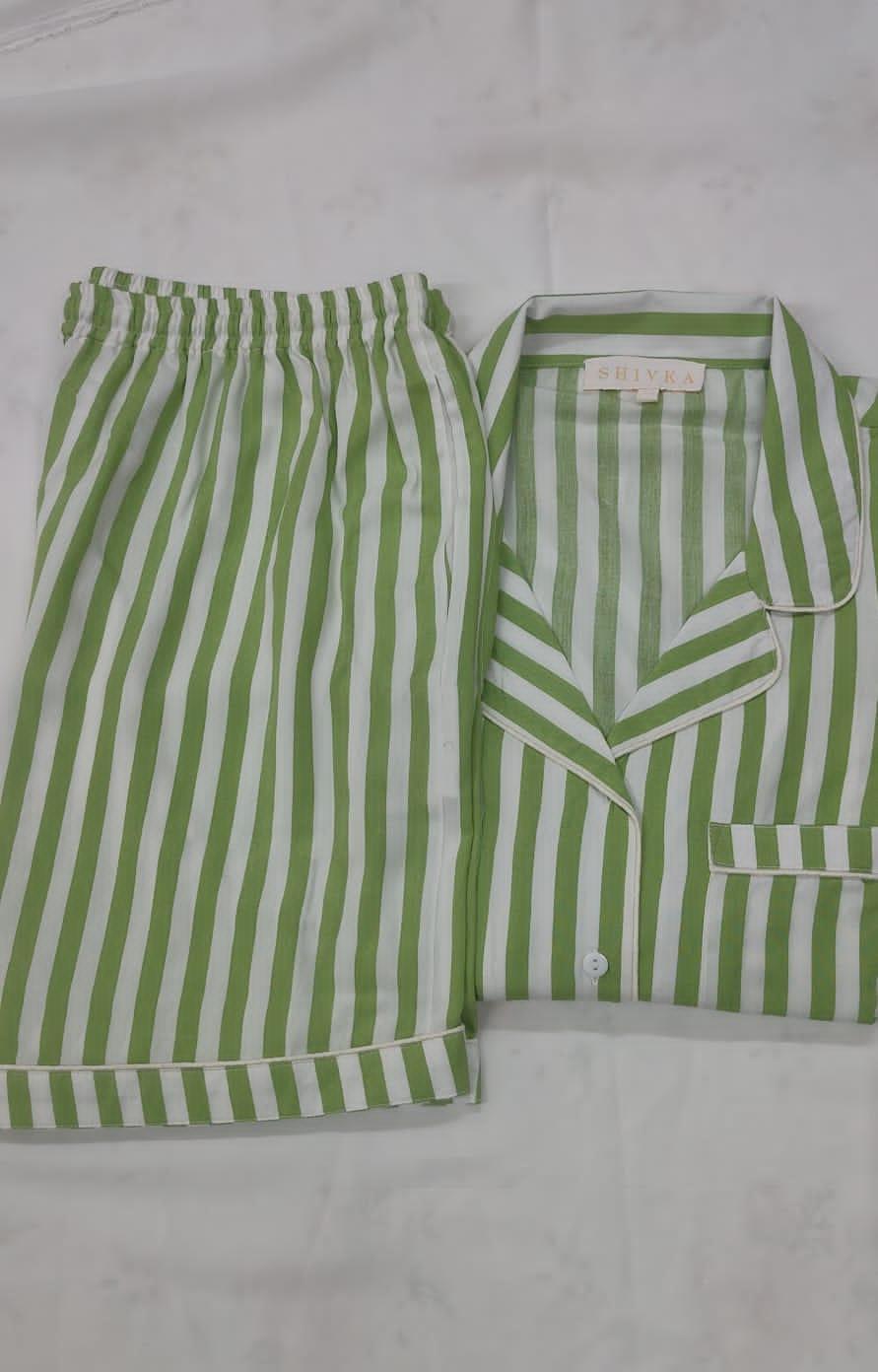 Striped Green Cotton Night Suit - Set of Two - SHIVKA