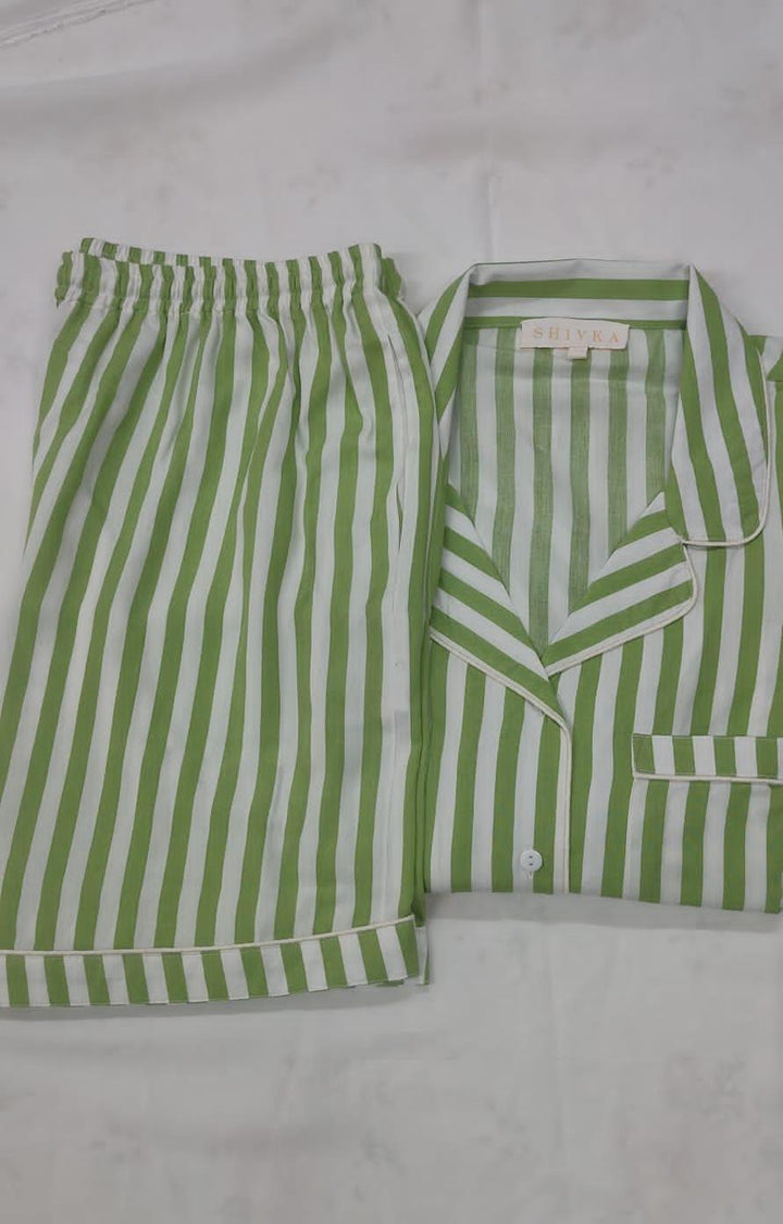 Striped Green Cotton Night Suit - Set of Two - SHIVKA