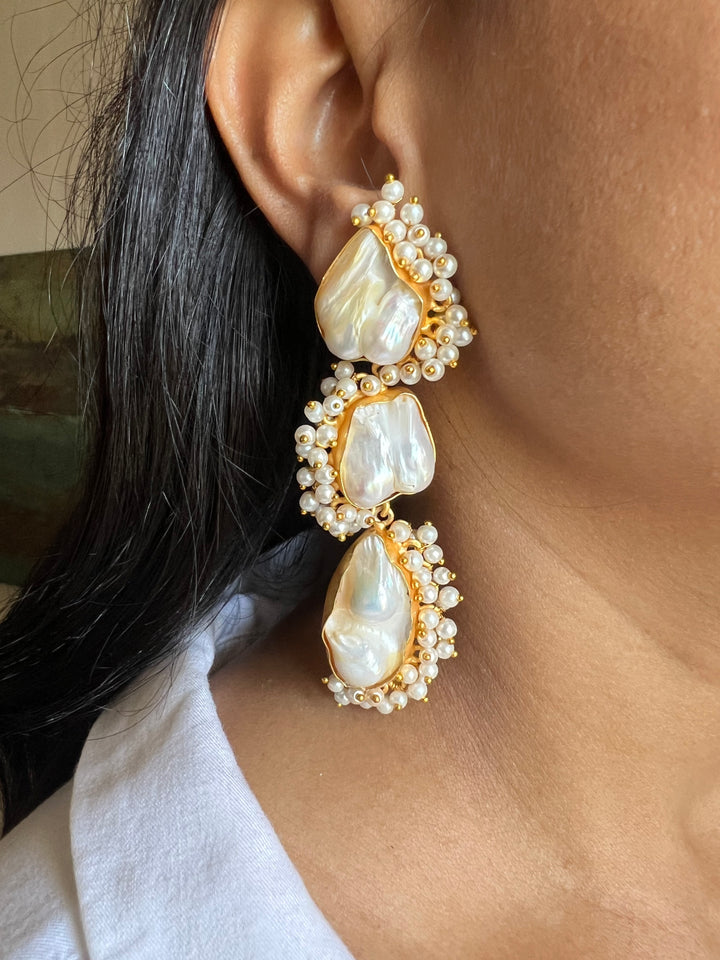 Three Tier Baroque Danglers/ Natural Gemstones Earrings/ Stylish Earrings