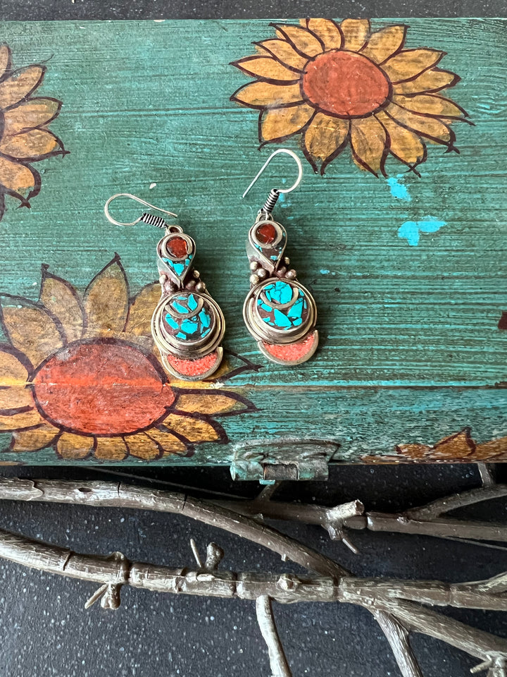 Antique Turquoise and Coral Danglers