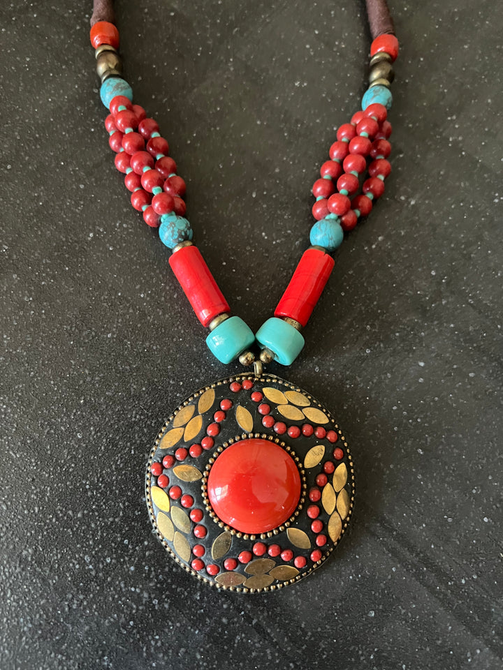 Coral And Turquoise Pendant Necklace