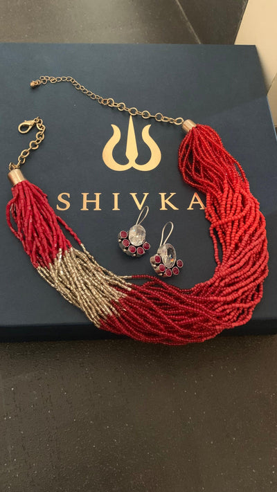 Statement Red and Silver Beads Necklace with Zirconia Earrings - SHIVKA