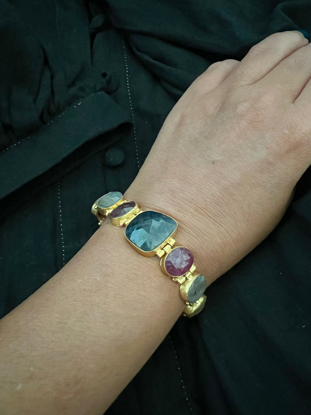 Multicolor Sapphire Stone Designer Brass Bracelet | Gold-Plated Statement Jewelry by SHIVKA