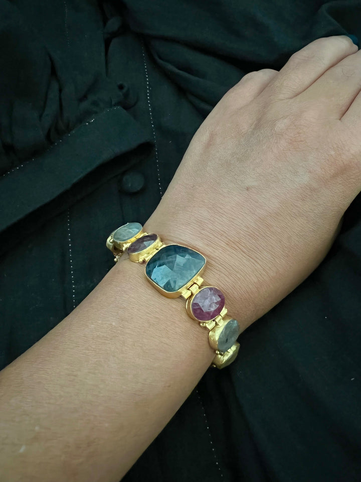 Multicolor Sapphire Stone Designer Brass Bracelet | Gold-Plated Statement Jewelry by SHIVKA