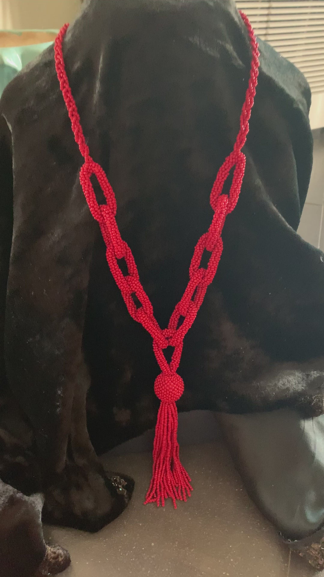 Statement Red Beaded Chain Long Necklace
