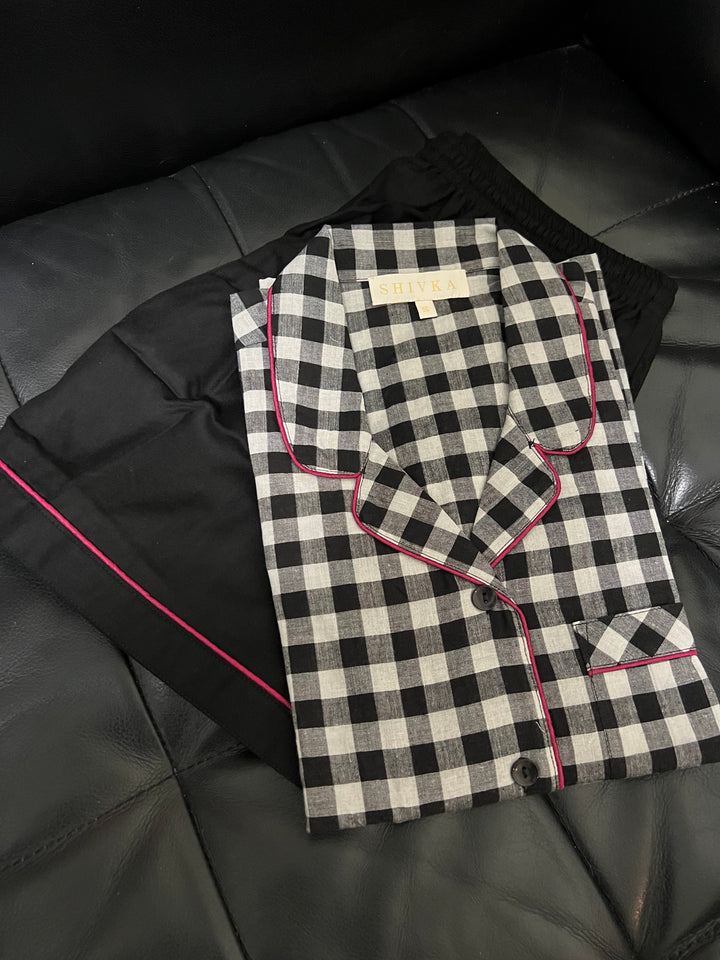 Checkered Black and White Cotton Night Suit - Set of Two
