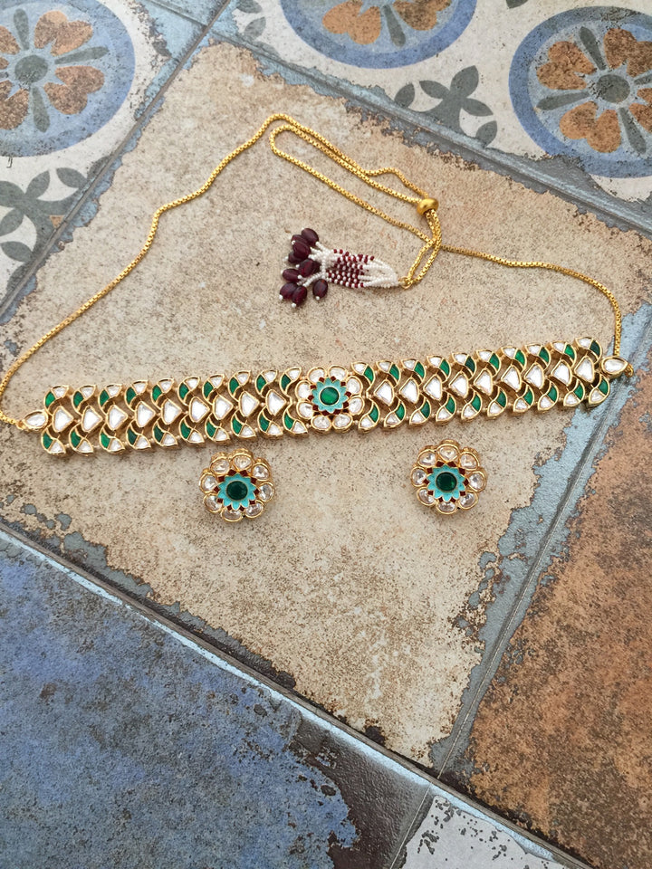 Gorgeous Green Polki Kundan Choker with Studs