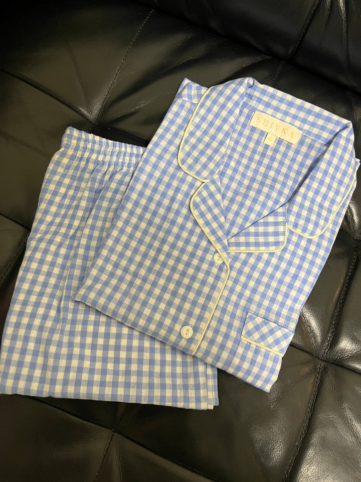 Checkered Blue and White Cotton Night Suit - Set of Two