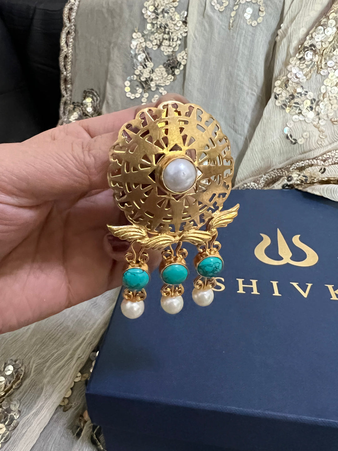 Gorgeous Pearls and Turquoise Cutwork Earrings