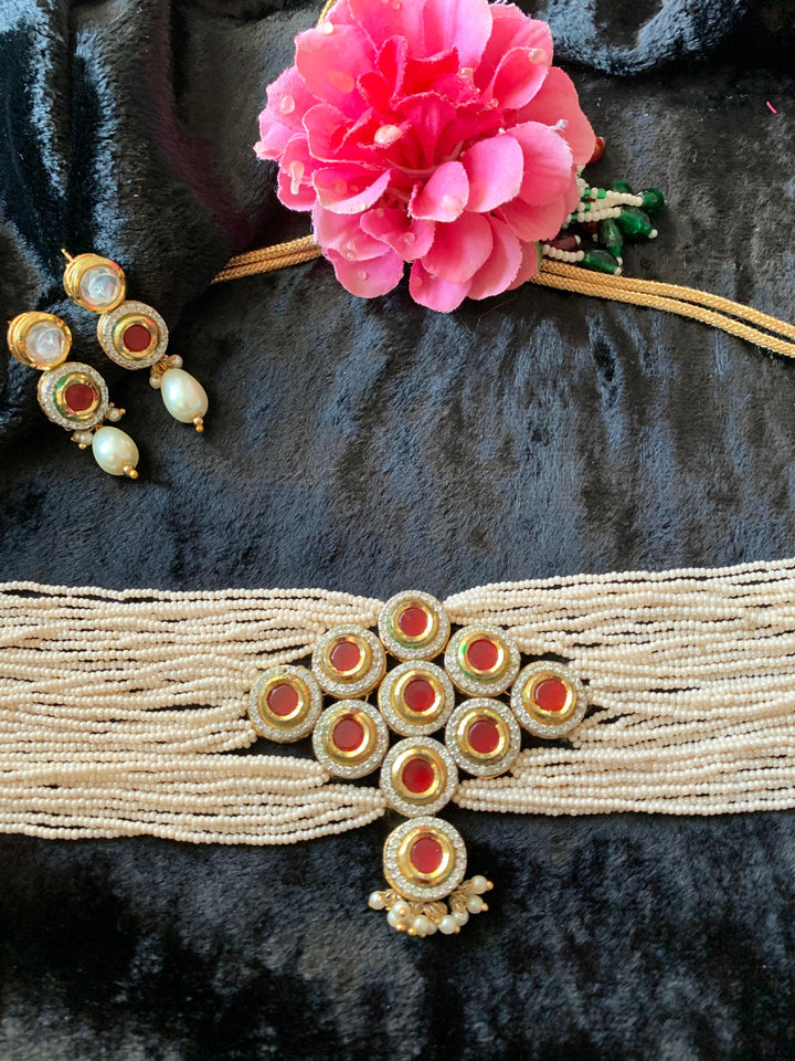 Miniature Pearl Kundan Choker with Earrings - SHIVKA