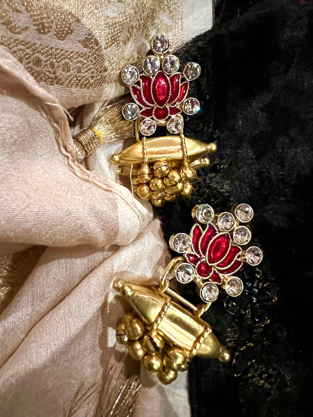 Faux Diamond Enameled Lotus Earrings - SHIVKA