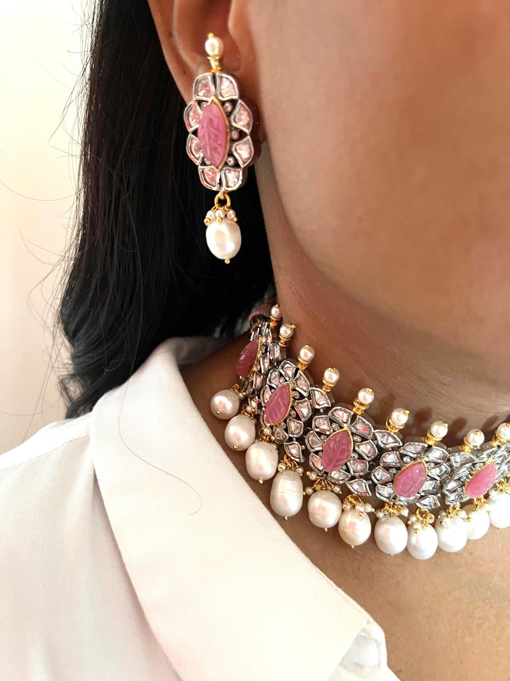 Scintillating Pink Kundan Choker with Earrings - SHIVKA