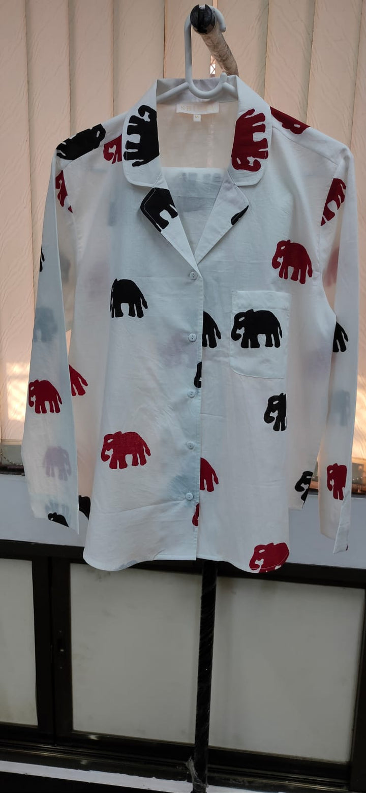 Elephant Design White Cotton Night Suit