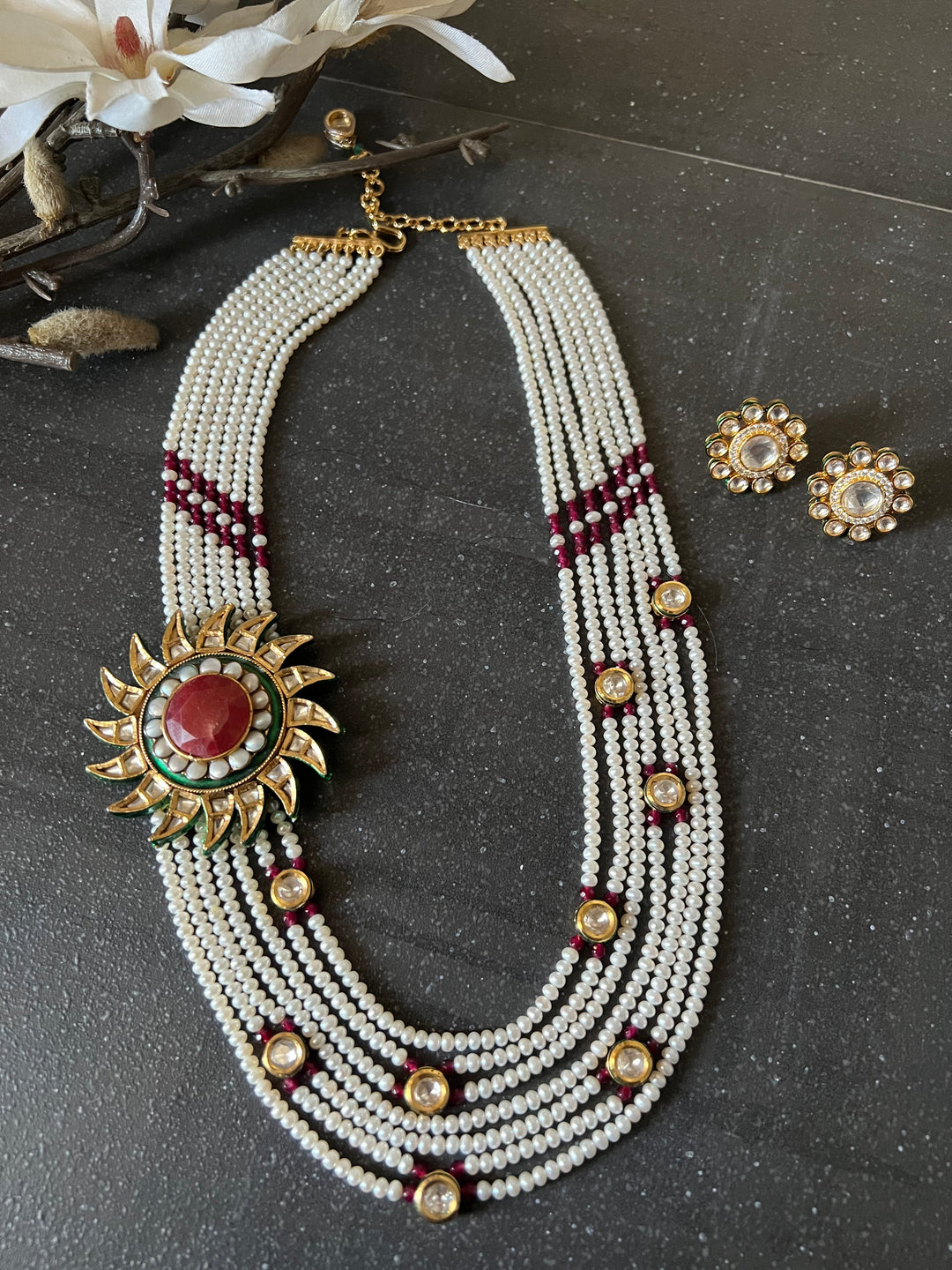 Beautiful Multilayered Pearls and Kundan Necklace with Studs