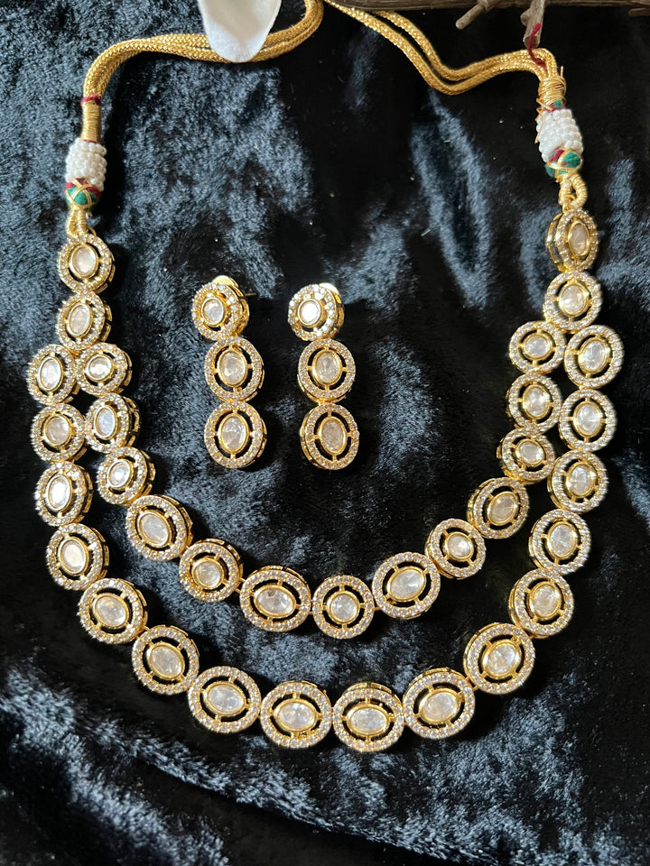 Statement CZ Polki Kundan Necklace with Earrings