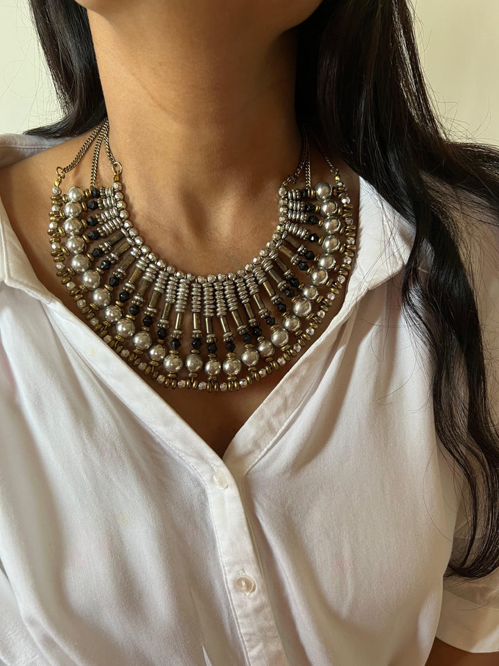 Tribal Beaded Necklace with Vintage Studs - SHIVKA
