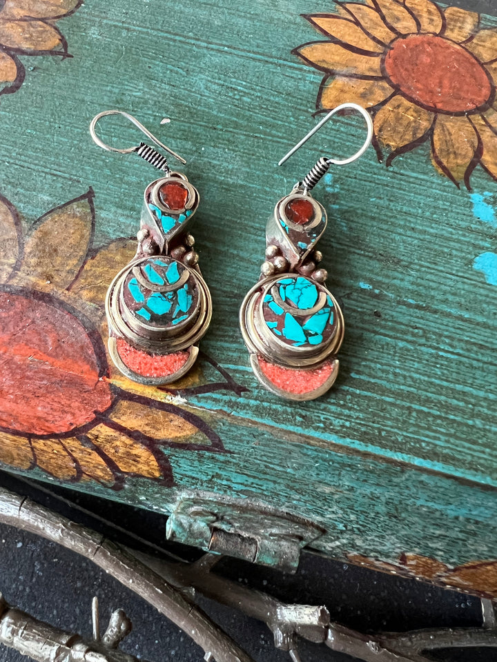 Antique Turquoise and Coral Danglers