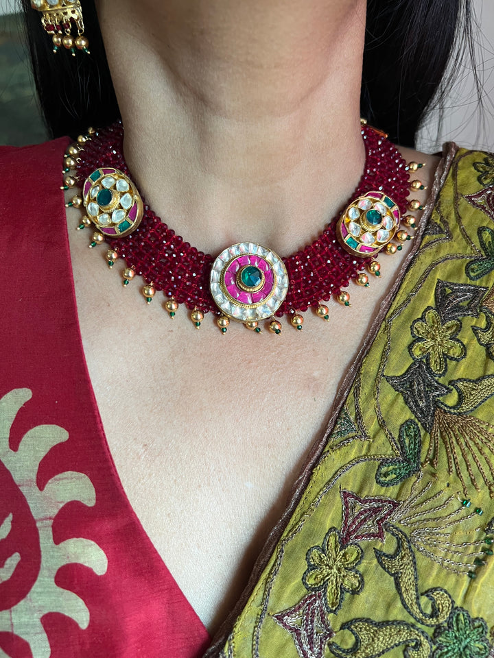 Maroon Chatai Choker with Earrings