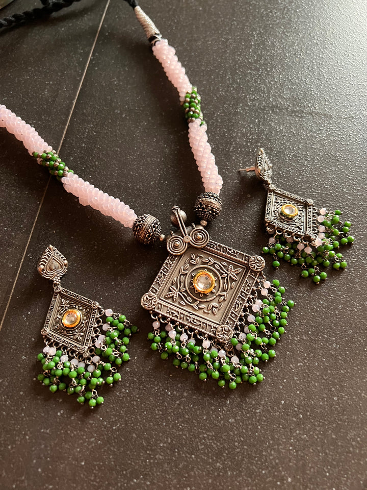 Beautiful Green and Pink Pendant Necklace with Statement Earrings