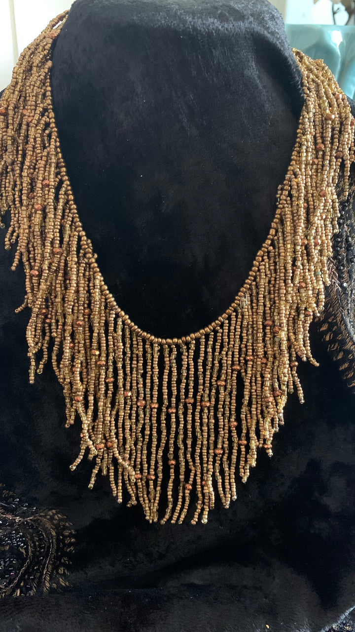 Boho Brown Beaded Necklace with Stone Studs