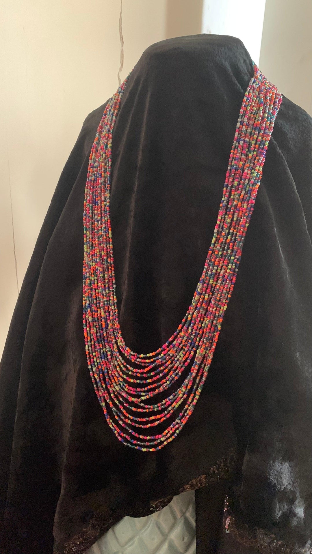 Statement Beaded Long Necklace with Oversized Brass Studs - SHIVKA