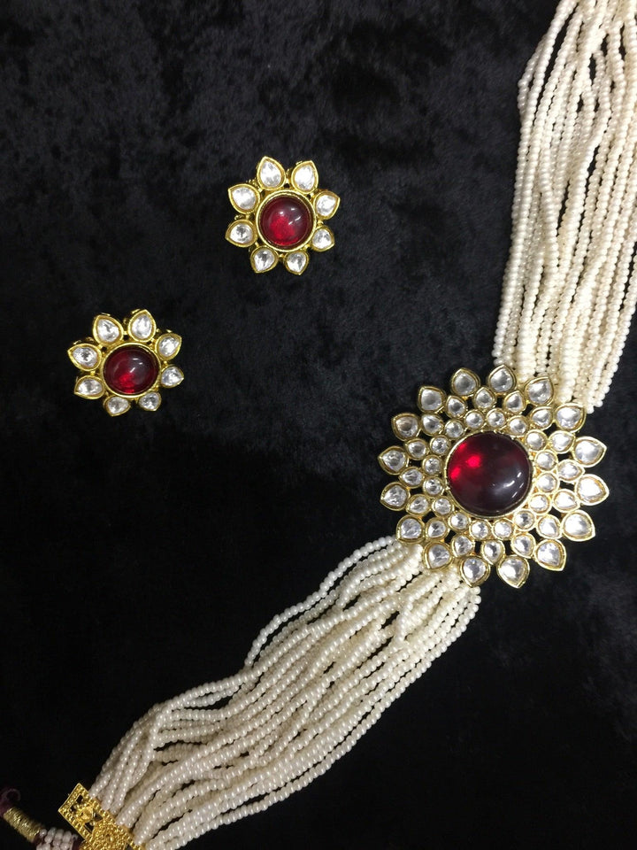 Red Kundan and Pearl Choker with Earrings - SHIVKA
