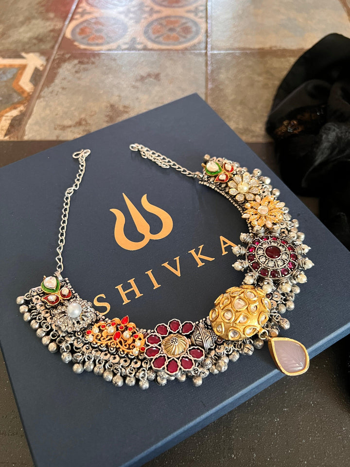 One of a Kind Designer Dual Tone Necklace with Kundan Earrings - SHIVKA